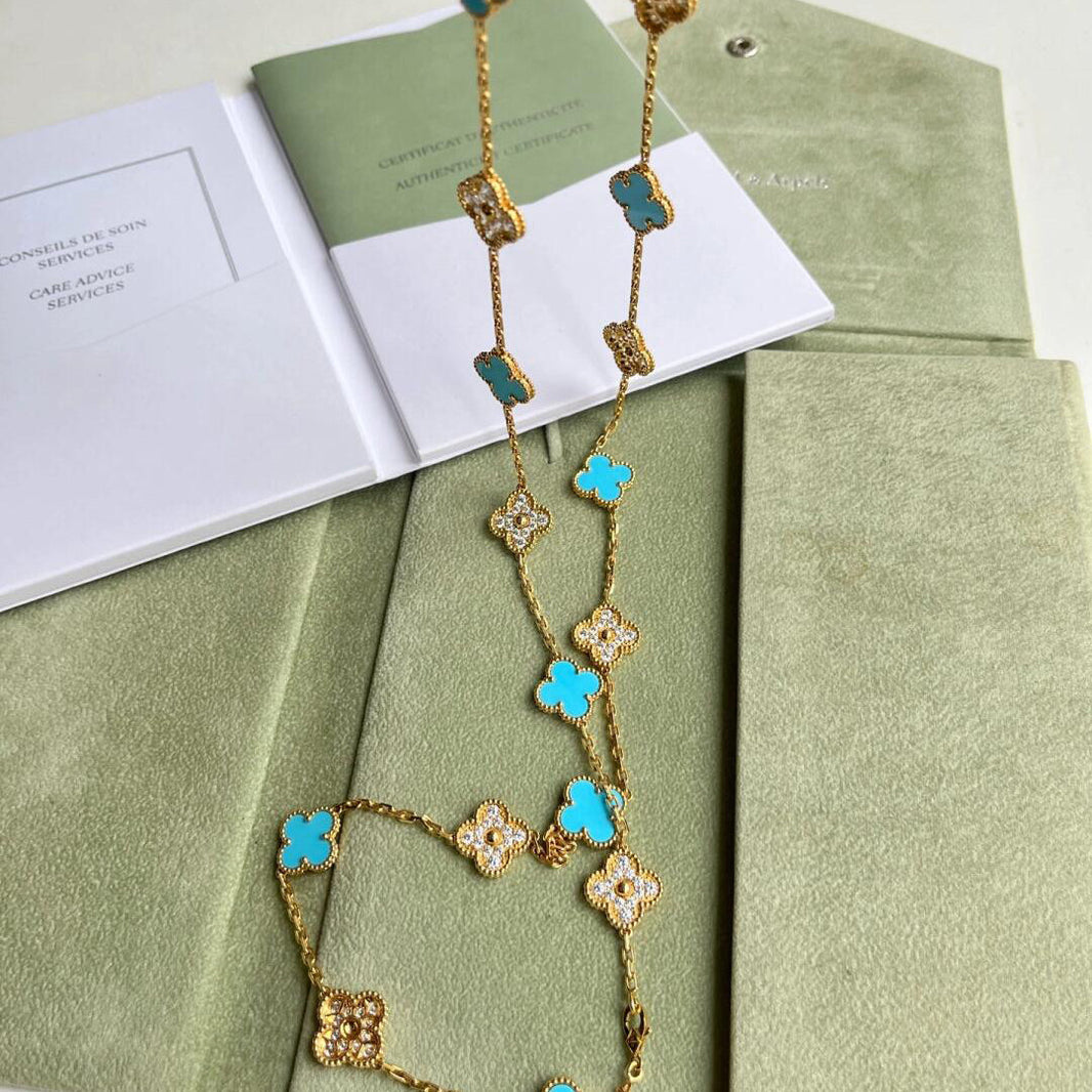 [LUCKY LOVE]CLOVER 20 MOTIFS TURQUOISE DIAMOND NECKLACE