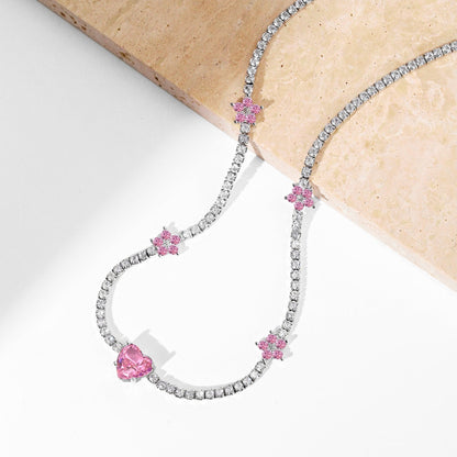 [LUCKY LOVE]Dazzling Pink Heart Flower Necklace