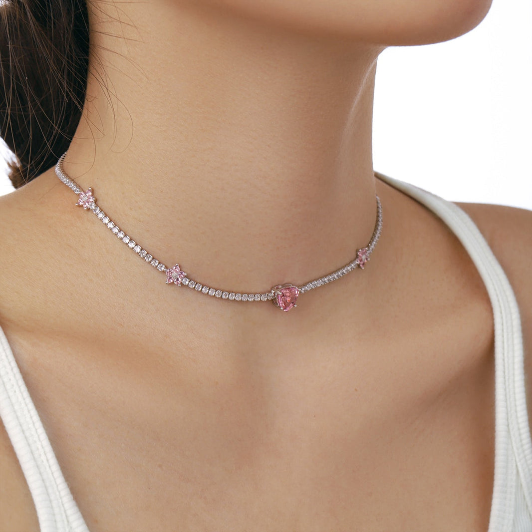 [LUCKY LOVE]Dazzling Pink Heart Flower Necklace