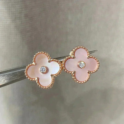 [LUCKY LOVE]CLOVER MEDIUM 1 MOTIFS  PINK MOP DIAMOND EARRINGS