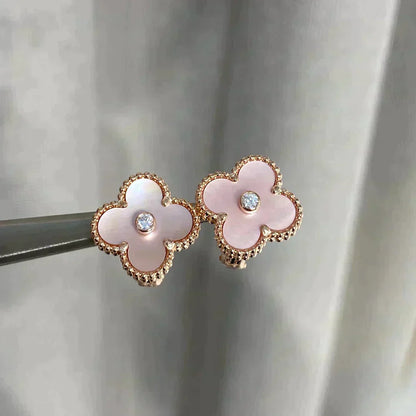 [LUCKY LOVE]CLOVER MEDIUM 1 MOTIFS  PINK MOP DIAMOND EARRINGS