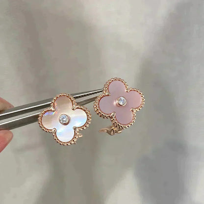 [LUCKY LOVE]CLOVER MEDIUM 1 MOTIFS  PINK MOP DIAMOND EARRINGS