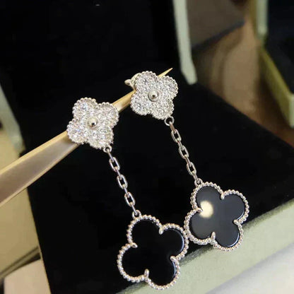 [LUCKY LOVE]CLOVER 2 MOTIFS  DIAMOND ONYX EARRINGS SILVER