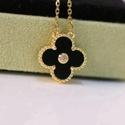 [LUCKY LOVE]CLOVER 15MM DIAMOND ONYX NECKLACE