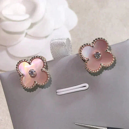 [LUCKY LOVE]CLOVER MEDIUM 1 MOTIFS  PINK MOP DIAMOND EARRINGS