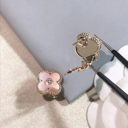 [LUCKY LOVE]CLOVER MEDIUM 1 MOTIFS  PINK MOP DIAMOND EARRINGS