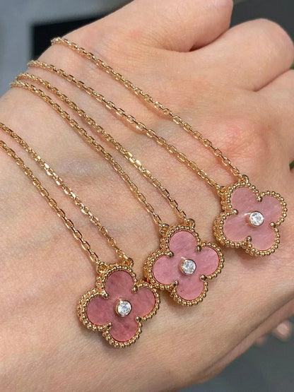 [LUCKY LOVE]CLOVER 15MM DIAMOND RHODONITE NECKLACE