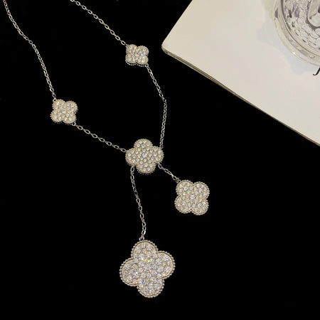 [LUCKY LOVE]CLOVER 5 MOTIFS SILVER DIAMONDS NECKLACE
