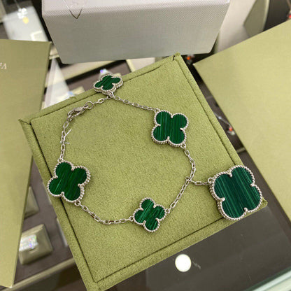 [LUCKY LOVE]CLOVER 5 MOTIFS SIVLER MALACHITE BRACELET