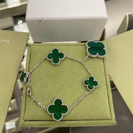 [LUCKY LOVE]CLOVER 5 MOTIFS SIVLER MALACHITE BRACELET