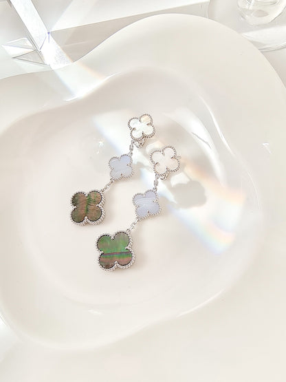 [LUCKY LOVE]CLOVER 3 MOTIFS CHALCEDONY DARK MOP SILVER EARRINGS