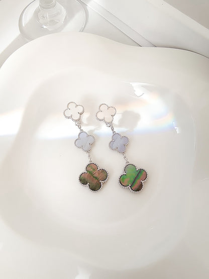 [LUCKY LOVE]CLOVER 3 MOTIFS CHALCEDONY DARK MOP SILVER EARRINGS