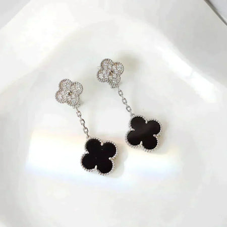 [LUCKY LOVE]CLOVER 2 MOTIFS  DIAMOND ONYX EARRINGS SILVER