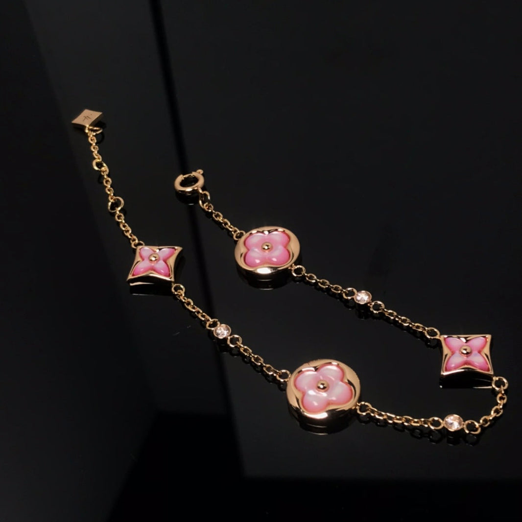 [LUCKY LOVE]STAR AND SUN 4 MOTIF PINK MOP PINK GOLD BRACELET