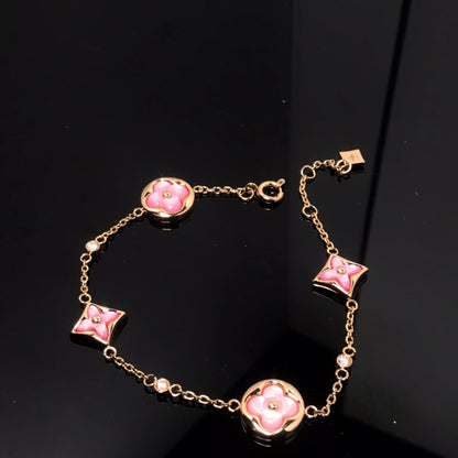 [LUCKY LOVE]STAR AND SUN 4 MOTIF PINK MOP PINK GOLD BRACELET