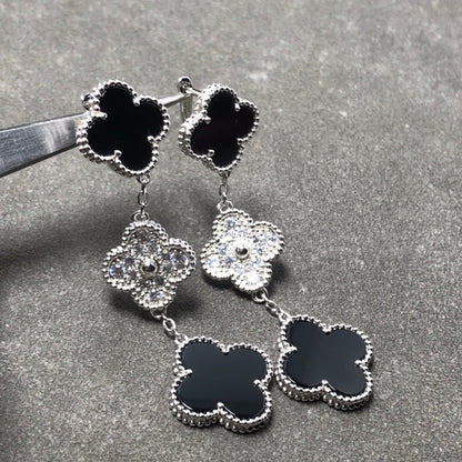 [LUCKY LOVE]CLOVER 3 MOTIF DIAMOND ONYX SILVER EARRINGS