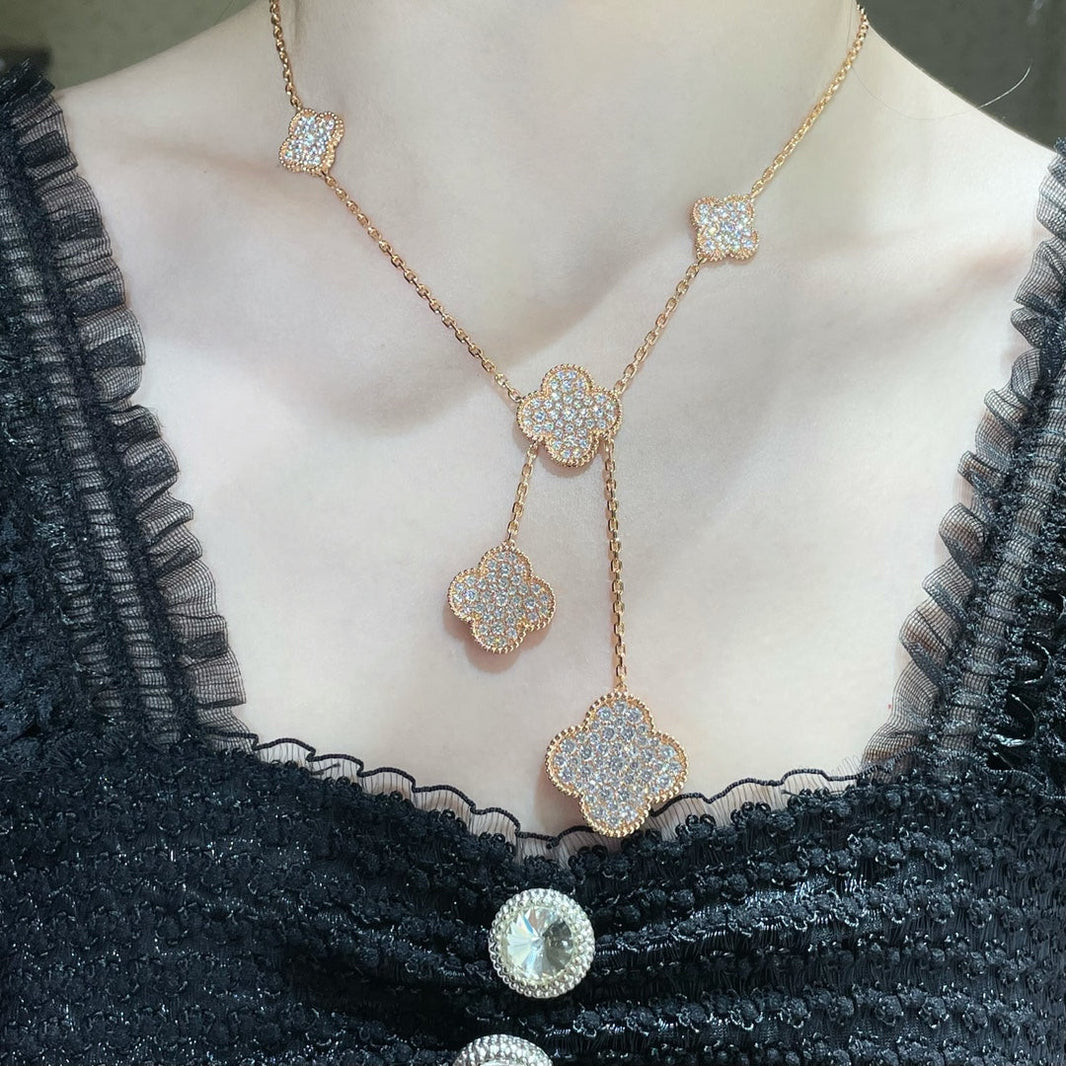 [LUCKY LOVE]CLOVER 6 MOTIF DIAMOND PAVED NECKLACE