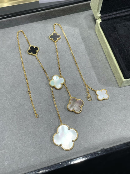 [LUCKY LOVE]CLOVER 6 MOTIF MOP ONYX GOLD NECKLACE