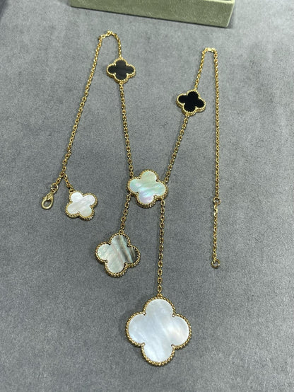 [LUCKY LOVE]CLOVER 6 MOTIF MOP ONYX GOLD NECKLACE