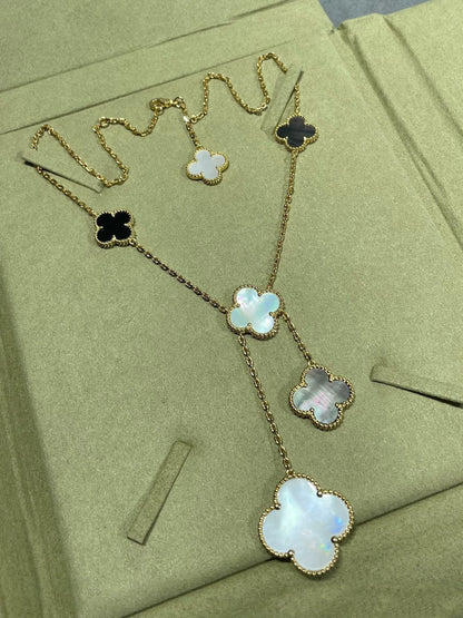 [LUCKY LOVE]CLOVER 6 MOTIF MOP ONYX GOLD NECKLACE