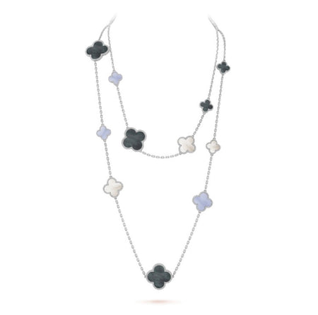 [LUCKY LOVE]CLOVER 16 MOTIF CHALCEDONY MOP SILVER NECKLACE