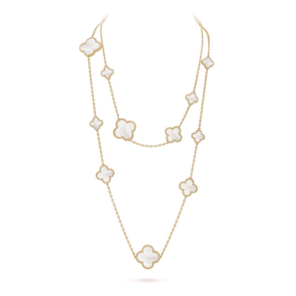 [LUCKY LOVE]CLOVER 16 MOTIF WHITE MOP GOLD NECKLACE