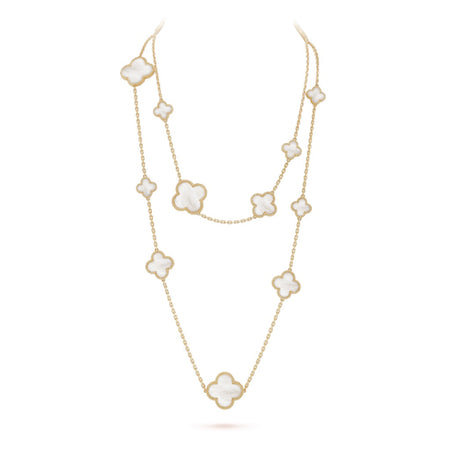[LUCKY LOVE]CLOVER 16 MOTIF WHITE MOP GOLD NECKLACE