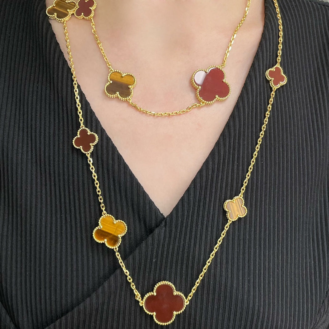[LUCKY LOVE]CLOVER 16 MOTIF CARNELIAN TIGER EYE ROSE GOLD NECKLACE