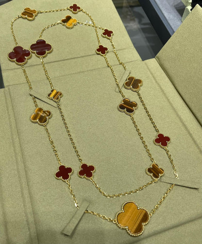 [LUCKY LOVE]CLOVER 16 MOTIF CARNELIAN TIGER EYE ROSE GOLD NECKLACE