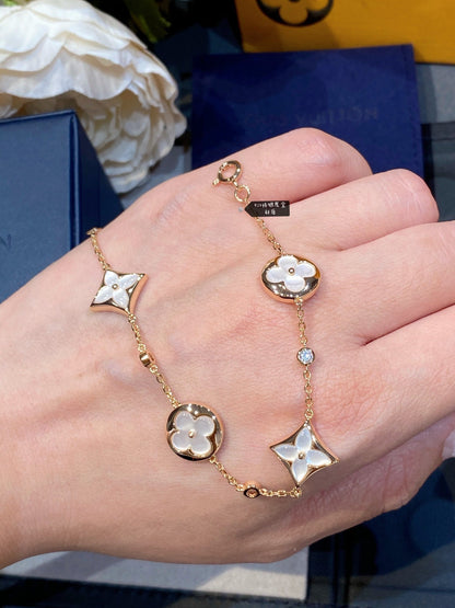 [LUCKY LOVE]STAR AND SUN 4 MOTIF WHITE MOP PINK GOLD BRACELET