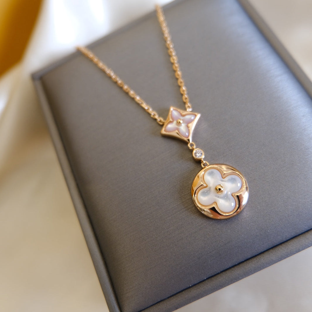 [LUCKY LOVE]STAR AND SUN WHITE MOP 2 MOTIF PINK GOLD NECKLACE