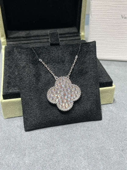 [LUCKY LOVE]CLOVER 25MM LARGE PENDANT DIAMOND PAVED SILVER NECKLACE