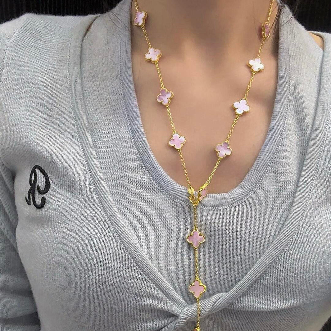 [LUCKY LOVE]CLOVER 20 MOTIFS PINK MOP NECKLACE