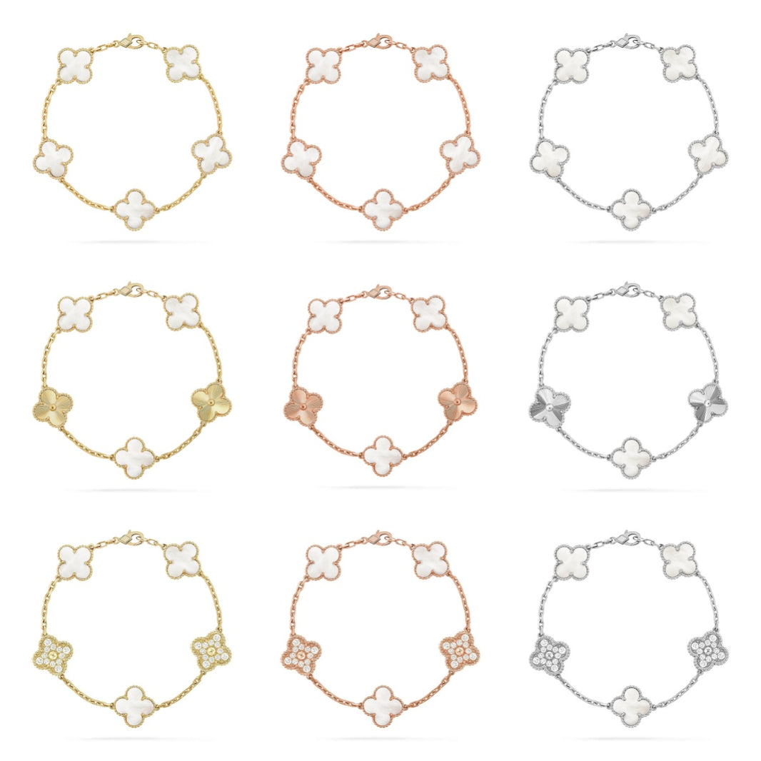 [LUCKY LOVE]CLOVER WHITE PEARL MOP 5 MOTIF BRACELET COLLECTION