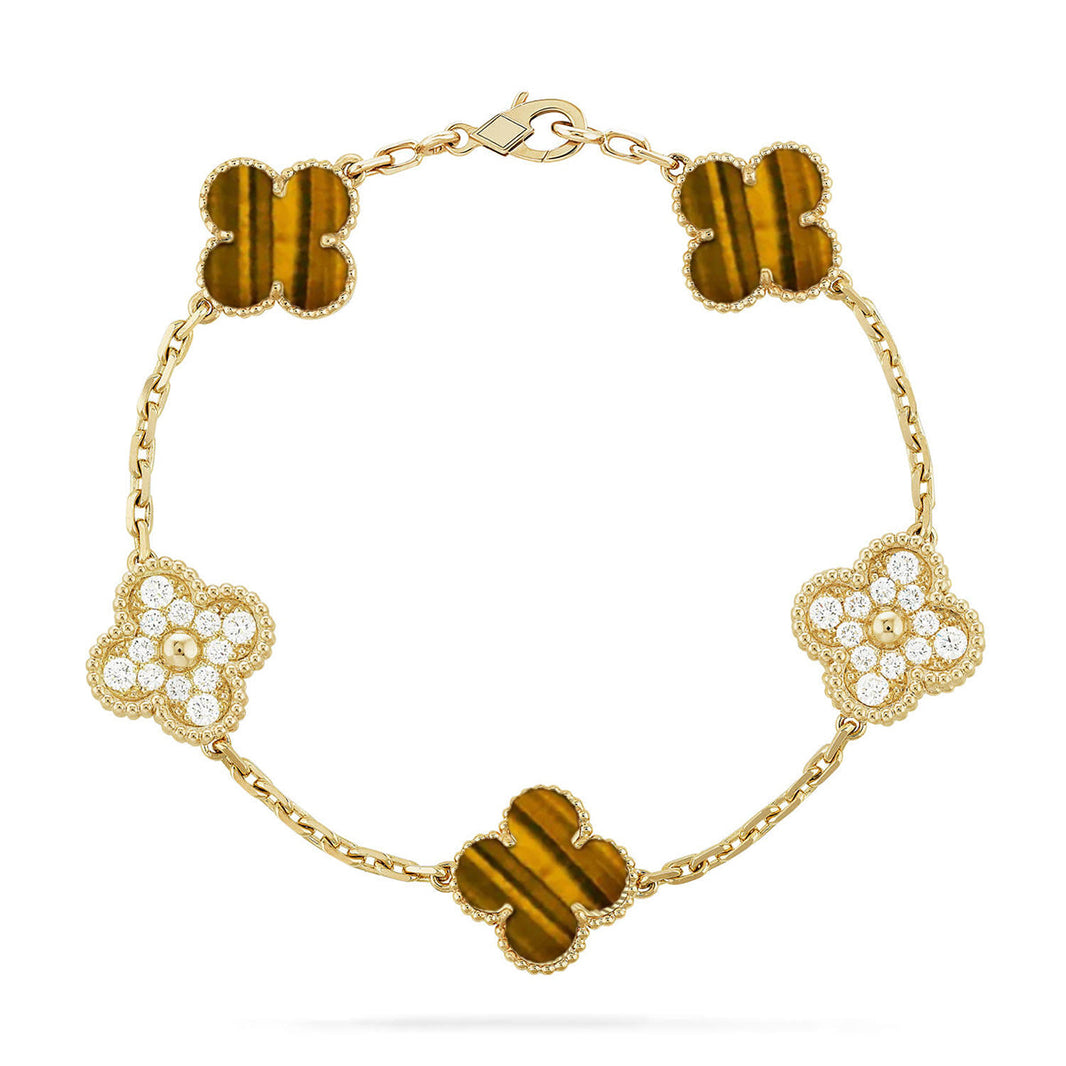 [LUCKY LOVE] CLOVER 5 MOTIFS TIGER EYE BRACELET COLLECTION
