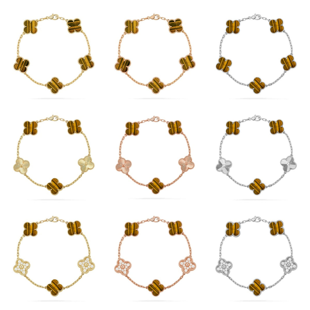 [LUCKY LOVE] CLOVER 5 MOTIFS TIGER EYE BRACELET COLLECTION