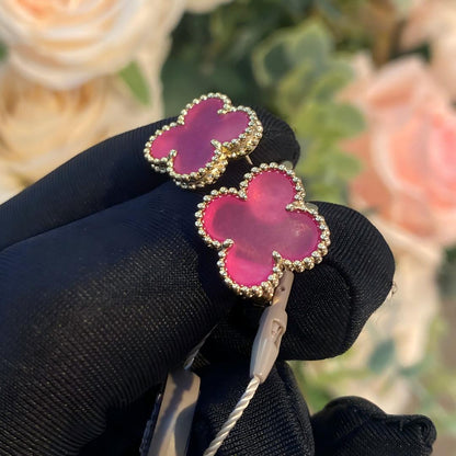 [LUCKY LOVE]NEW CLOVER 15MM PINK ENAMEL STUD EARRINGS