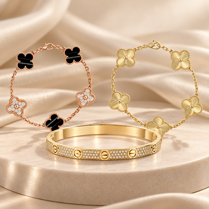 [LoveLucky]Clover Laser  Pulsar Stone 5-Motif & LOVE Diamond-Paved Bracelet Stack Set