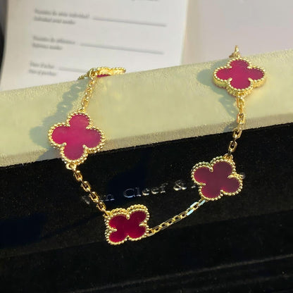 [LUCKY LOVE]NEW CLOVER 5 MOTIFS PINK ENAMEL BRACELET