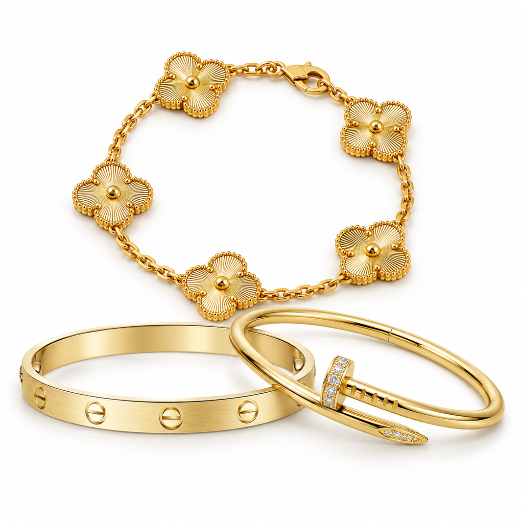[LoveLucky] Clover & Love & Juste 3-Piece Gold Bracelet Stack Set
