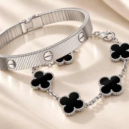 [LoveLucky]Clover & Love Sliver 2-Piece Bracelet Stack Set