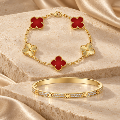 [LoveLucky]Clover & Love Diamond-Paved Radiant Line 2-Piece Bracelet Stack Set