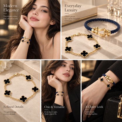 [LoveLucky]Force Horseshoe & Clover 5 Motifs Bracelet Stack Set