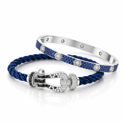 [LoveLucky]Pave Gemstone Love &Force Large Horseshoe Diamond Duo Bracelet Stack Set
