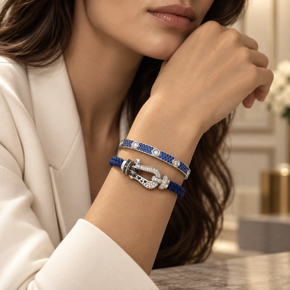 [LoveLucky]Pave Gemstone Love &Force Large Horseshoe Diamond Duo Bracelet Stack Set