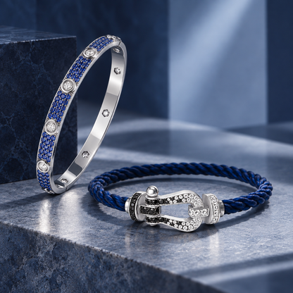 [LoveLucky]Pave Gemstone Love &Force Large Horseshoe Diamond Duo Bracelet Stack Set