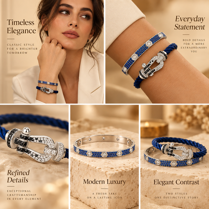[LoveLucky]Pave Gemstone Love &Force Large Horseshoe Diamond Duo Bracelet Stack Set
