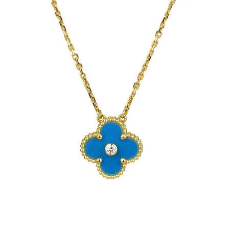 [LUCKY LOVE]CLOVER 15MM DIAMOND AND BLUE AGATE NECKLACE