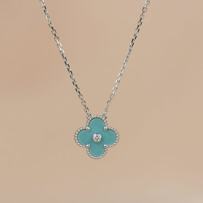 [LUCKY LOVE]CLOVER 15MM DIAMOND SVRES PORCELAIN  NECKLACE SILVER