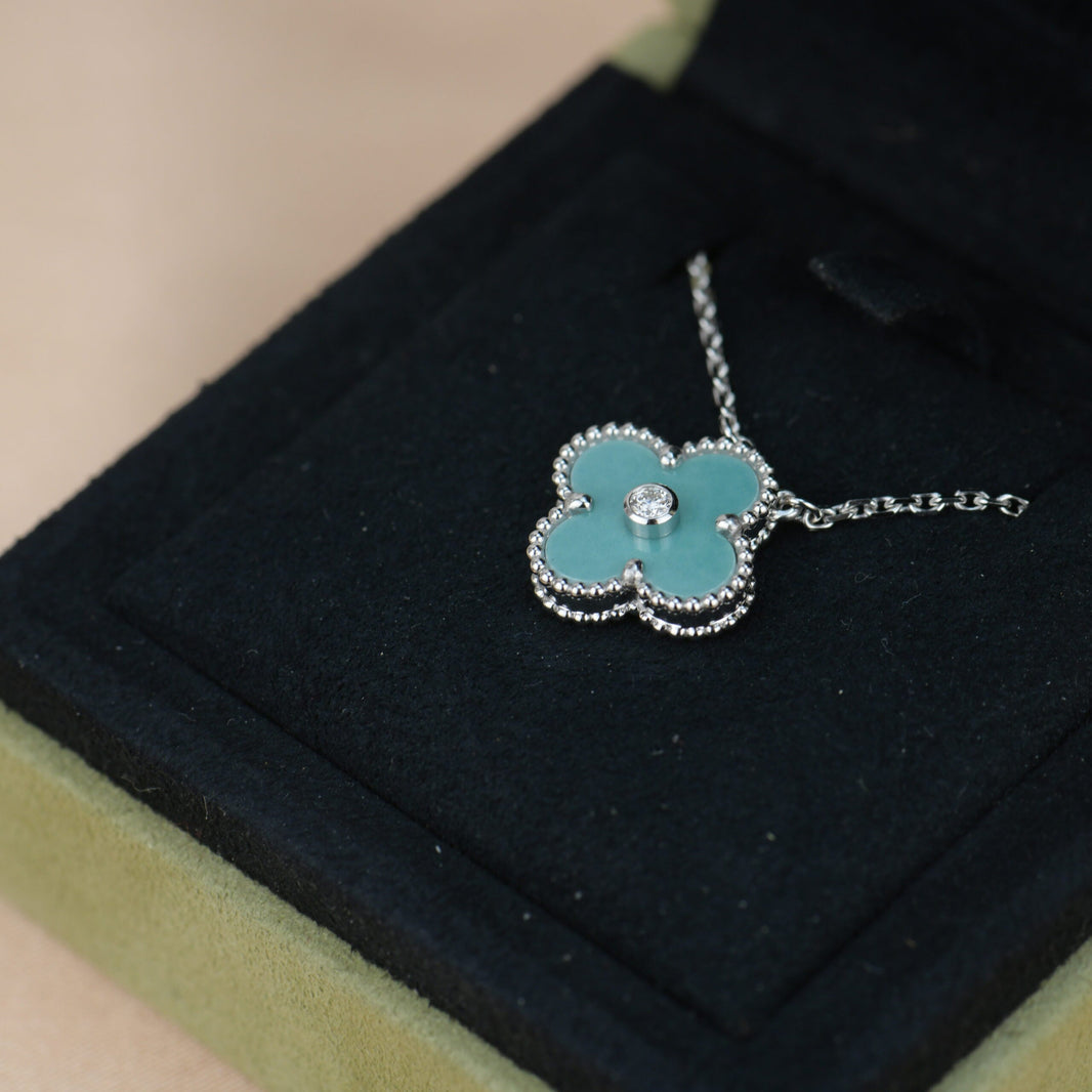 [LUCKY LOVE]CLOVER 15MM DIAMOND SVRES PORCELAIN  NECKLACE SILVER